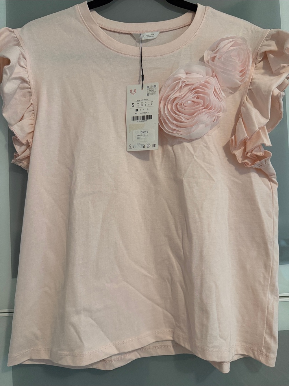 Zara Pink Ruffle Sleeve Top with Floral Applique